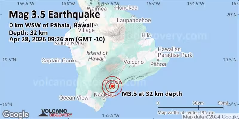 Terremoto leve mag. 3.5 - 0 km WSW of Pāhala, Hawaii, martes 28 abr 2026 a las 19:26 (Tiempo Universal)